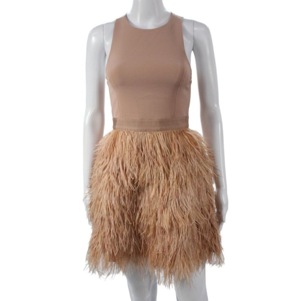 Alice + Olivia Women Beige Mini Dress Ostrich Feathers Sleeveless Size 0